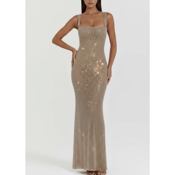 ALMOND MUSE ISABELLA Rhinestone Mesh Square Neck Maxi Dress Gold Ball Gown Sz S - Picture 1 of 11